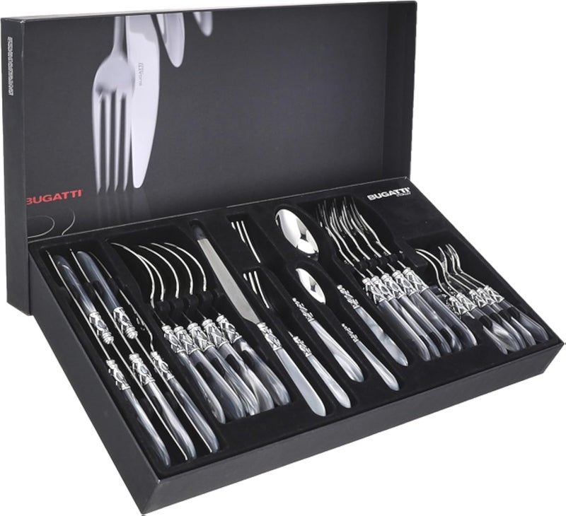 طقم ملاعق وشوك وسكاكين من الفولاذ المقاوم للصدأ من بوغاتي، 30 قطعة، 6 ملاعق صغيرة، 6 ملاعق كبيرة، 6 شوك صغيرة، 6 شوك كبيرة، 6 سكاكين، 50 × 27 سم - رمادي